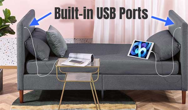 Upholstered Bed with USB Ports on Both Sides