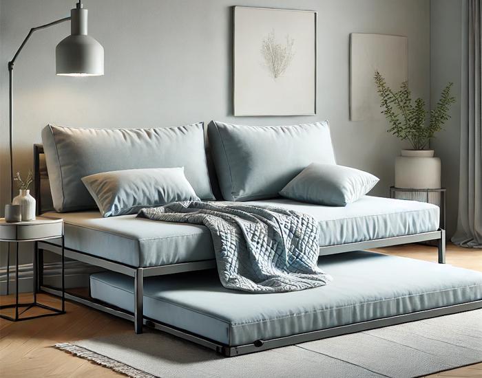 Light Blue Trundle Sofa with Plush Cushions