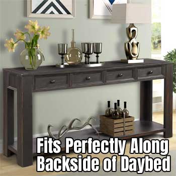 Long Sofa Table Fits Perfectly Along the Back Side of a Sofa Bed for Storage, Display and Table Space