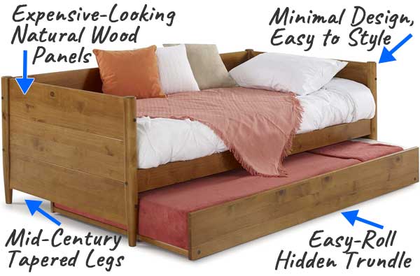 Midcentury Daybed Features: Hidden Trundle Bed, Tapered Legs, Upscale Wood Panels, Minimal Design