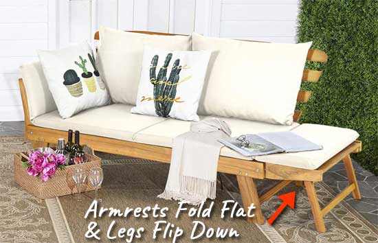 Outdoor Daybed Conversion from Sofa to Lounger - Flip Down Armrests