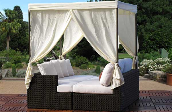 Outdoor Rattan Canopy Bed with Cushions, Pillows, Curtains
