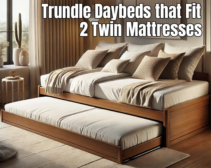 Wood Frame Trundle Daybed with 2 Mattresses and Pillows