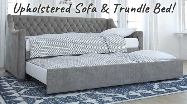 Grey Upholstered Sofa Trundle Bed with 2 Twin Mattresses